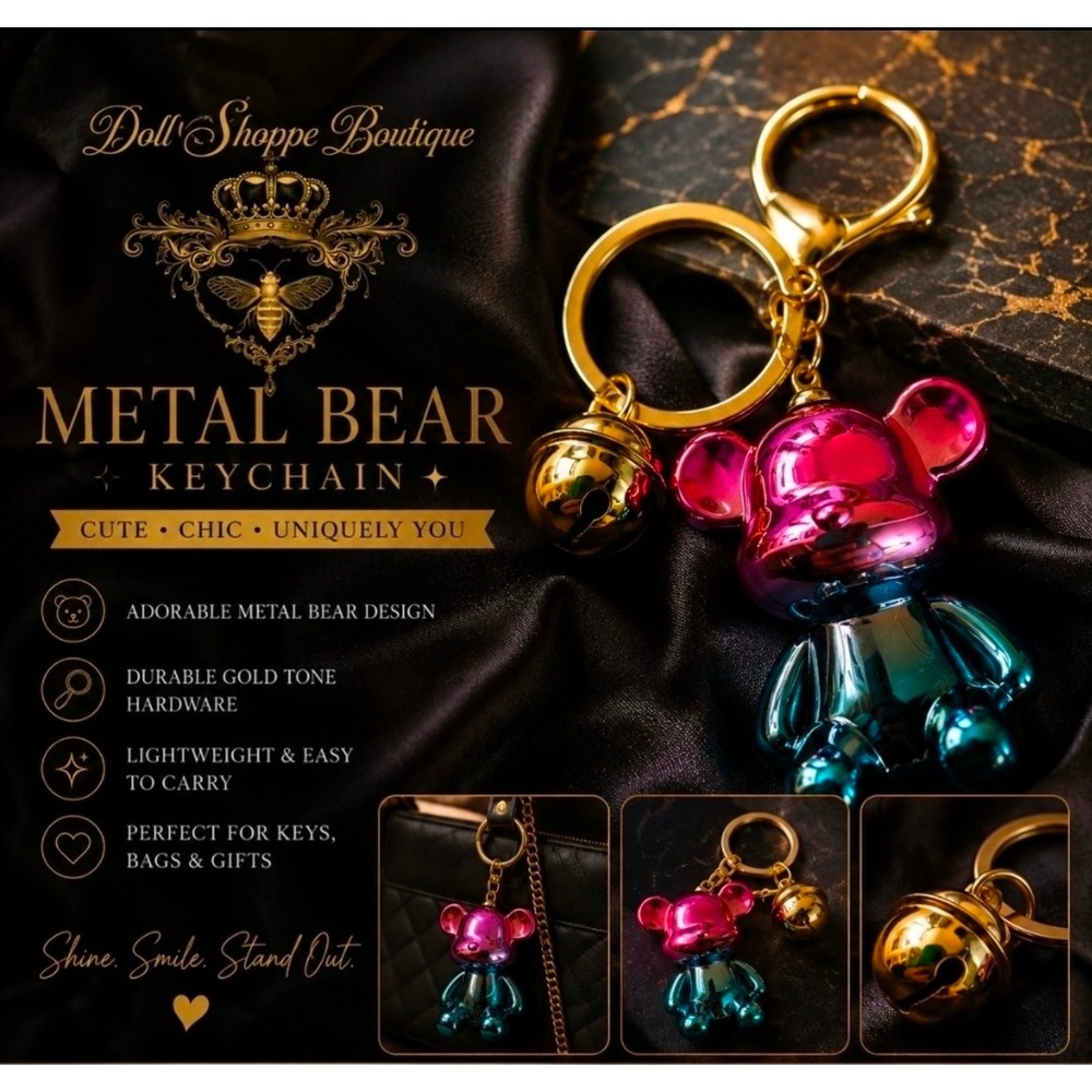 Cute Metallic Bear Keychain Charm | Pink Blue Glossy Bag Charm & Key Ring